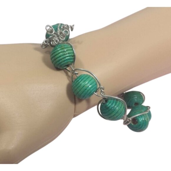 Handcrafted 8" Teal Green Wood Beaded Boho Wire Wrapped Bangle Bracelet - Picture 4 of 6